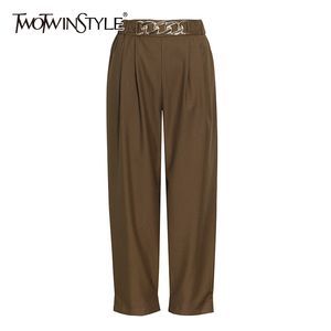 Twotwinstyle Rahat Patchwork Zincir Pantolon Kadınlar için Düz Gevşek Katı Geniş Bacak Pantolon Kadın Moda Giyim 210517
