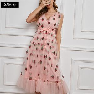 ISAROSE ärmelloses Erdbeerkleid, Pailletten-Stickerei, Erdbeeren, Voile, einteilige Mode, V-Ausschnitt, Gürtel, rosa Mesh-Kleider 210422