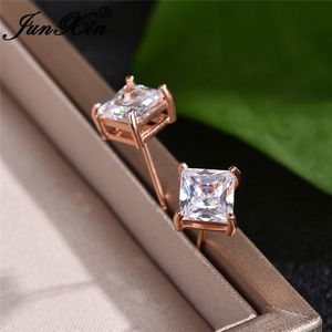 Stud 6mm Brilliant White Crystal Square örhängen för kvinnor Silver Rose Gold Clear Princess Zircon Stone Wedding Jewelry