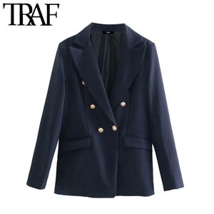 Women Fashion With Pockets Double Breasted Blazer Coat Vintage Long Sleeve Back Vents Female Outerwear Chic Veste 210507
