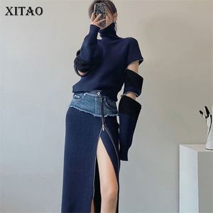 Xitao patchwork dragkedja hål kvinnor uppsättning vinter avslappnad mode stil temperament turtleneck krage kläder zy1813 211106
