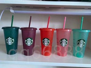 24oz Starbucks Tasse de paillettes en plastique Boire à boire des gobelets colorés avec couvercle et paille Candy couleurs réutilisables boissons froides coupe tasse de bière de café flash