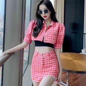 Eleganckie kobiety 2 sztuk Zestaw Koreański Lady Pink Plaid Denim Sexy Krótka Kurtka + Wysoka Talia Mini Spódnica Moda Suit 210519