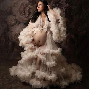 Luxury Ruffles Maternity Dress with Bow Tulle Evening Dresses See Through Women Lingerie Bathrobe Nightwear Gowns