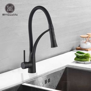 Matt Black Kitchen Sink Kran Pull Down Swivel Spout Kökshandfat Tap Däckmonterat badrum och kallvattenblandare 210724