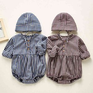 Camicia a griglia per bambina e neonato, pagliaccetti e cappello a maniche lunghe, primavera autunno, vestiti nati 210429