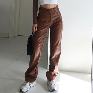 Högt midja PU Läderbyxor Kvinnor Jogger Casual Mode Side Fickor Straight Wide Ben Byxor Lösa Vintage Brown Byxor