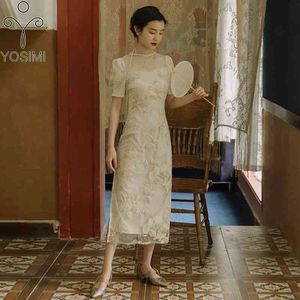 YOSIMI Floral Embroidery Dress Summer Short Sleeve Square Collar Sheath Mid-Calf Puff Beige Long Women Dresses 210604