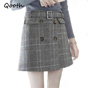 Qooth Autumn Skirts Women's Fashion Plaid Skirt Casual Khaki Gray Mini Short Skort With Sashes Belt Safe Pant Inside QH999 210518