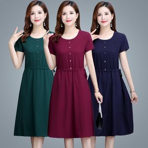 Casual Dresses 2021 Summer Short Sleeve O-neck Knee-length A-line Buttons Belt Pocket Navy Green Wine Red Simple Plus Size Coctail Dress