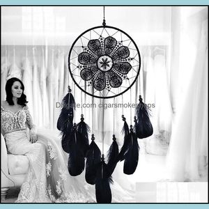 Sanat ve El Sanatları Sanat Hediyeleri Ev Bahçesi Siyah Dreamcatcher El yapımı rüzgar çanları Oda Diy Asma Kolye Tüy Bead Rüya Catcher Duvar A