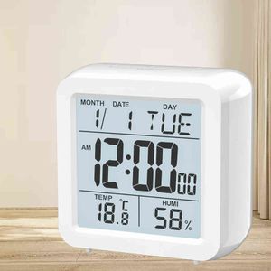 Digital Desktop LCD Snooze Calendário Alarm Clock Quarto Branco relógio com termômetro higrômetro para bateria home operada 211111