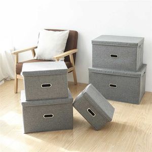 Square cotton linen clothing storage box large wardrobe Rectangle storage bin organizer with cover N10N010B138 211112
