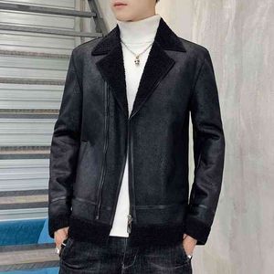 Zima Mężczyźni Zagęścić Deerskin Bomber Jacket Velvet Ciepły Casual Coat Hip Hop Wodoodporna Outwear Deri CEKET Kurtka Mens Fur Collar 210527