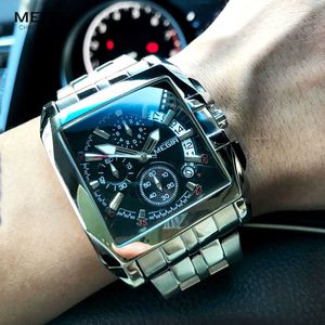 Megir Hot Fashion Mäns Business Quartz Klockor Lyxigt Rostfritt Stål Armbandsur för Man Lysande Tre-Eyes Watch For Male X0625