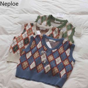 Neploe Sweater Vest Waistcoat V Neck Vintage Sweater Vest Women Sleeveless Plaid Knit Cropped Tank Coat Casual Preppy Style 210422