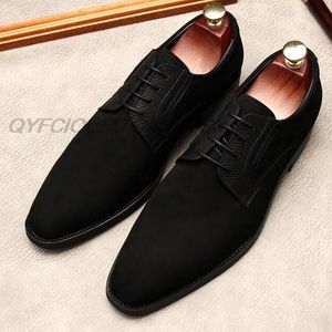 Round Head Mens Oxford Dress Shoes Genuine Leather Handmade Black Lace-Up Brogue Classic Party Wedding Formal Suede Shoe For Men