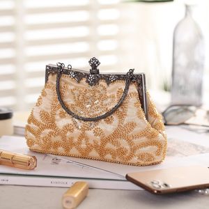 Beaded Golden Women's Evening Bag Embroidered Flower Purses and Handbags Vintage Sequin Bag for Women Wedding Clutch