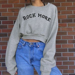 Spring And Autumn Women's Sweaters Sexy Gray Crop Top With Letters Loose Long-Sleeved O-Neck Short Sweatshirt Female Clothing 210514