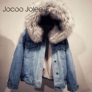 Kvinnor Vinter Tjock Jean Jacket Fleece Hooded Denim Coat Female Lamb Fur Polded Warm Outwear Plus Size 210428