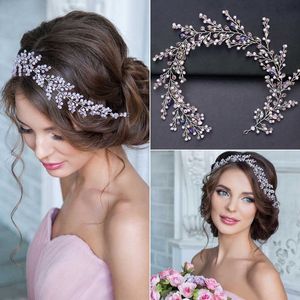 Wholesale pink pearl bridal jewelry resale online - Luxury Silver Color Hair Jewelry For Women Pink Rhinestone Pearl Headband Handmade Bridal Hairbands Wedding Hair Accessories X0625