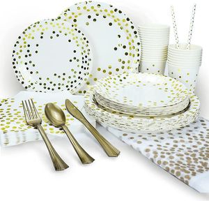 Engångs servis parti levererar vita guld pappersplattor bordsartiklar för födelsedagsgradering fäder dag jul