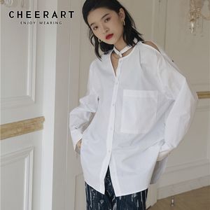 Kapalı Omuz Beyaz Uzun Kollu Bluz Güz Kadın Düğme Yukarı Gömlek Gevşek Streetwear Tasarımcı Üst Sonbahar Giyim 210427