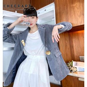 Winter Wool Blazer Women Gray Blue Slim Casual Ladies Korean Tweed Jacket And Coat Designer Clothing 210427
