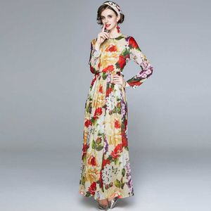 Autumn Maxi Dres Long Sleeve Flower Print Sashes Pleated 210531