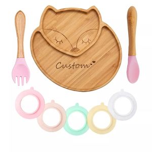 Personalizado Bambu Bambu Alimentando Tigela Colher Padrão Talheres de Alimentos Crianças Placa de Treinamento de Madeira Silicone Sucção Copo Removível 211026