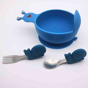 3 stücke Baby Silikon Fütterung Set Infant Abendessen Platte Nicht-slip Saug Schüssel Schnecken Kinder Geschirr Wasserdicht BPA FREI löffel Gabel G1210