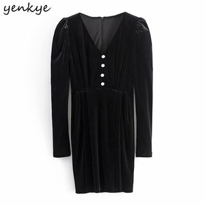 Vintage Black Velvet Mini Dress Women V Neck Långärmad Slim Penna Vinter Elegant Party Vestido 210514