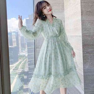 Verão Casual Manga Longa Chiffon Mulheres Vestido Floral Verde V Neck Ruffles Maxi Vestidos Plus Size Two-Peça Terno Feminino Robe 210521