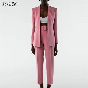 ZA Spodni garnitur kobiety odzież robocze Zestawy Tailleur Femme Zestawy Różowe Długie Rękawy Kurtki Damskie Płaszcze Panie Biurowe Eleganckie Chic 211105