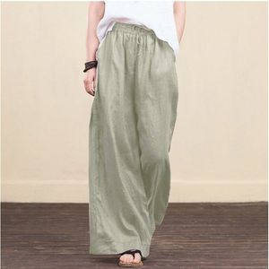 Mulheres Primavera Verão Sólido Algodão Linho Linho Perna Pants Casual Cintura Alta Palazzo Solto Bolso Calça Longo Pantalon Plus Tamanho 5xl 211115