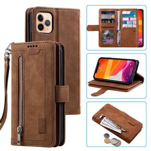 Nya 9 kort Zipper Flip Leather Case 12 11 Pro SE 2020 10 x 6 6s 7 8 Plus XR XS Max Plånbok Bok telefonfall