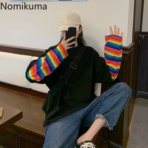 Nomikuma Rainbow с длинным рукавом пэчворки T рубашки корейские поддельные две части женщины топ-рубашка осенью причинно-шеи графические тройники 6C062 210427