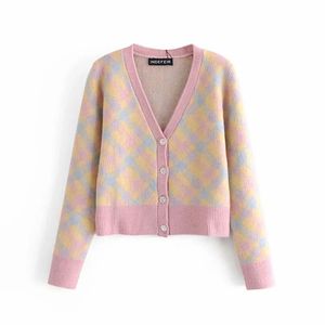 Women Sweet Diamond Plaid Girlish Style Sweater Female Single-Breasted Long Sleeves Cardigan Chic Top 210520