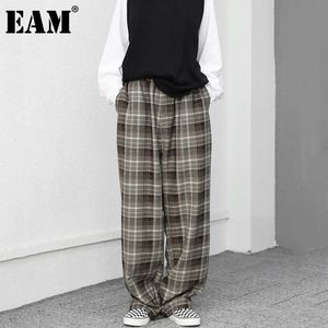 [EAM] Pantaloni larghi a vita alta color kaki con motivo scozzese retrò Nuovi pantaloni larghi da donna Moda marea Primavera Autunno 2021 1DD3724 Q0801