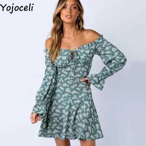 Yojoceli Sexig Av Axel Elegant Print Dres Höst Ruffle Short Beach Kvinna Casual Cool Party Vestidos 210609