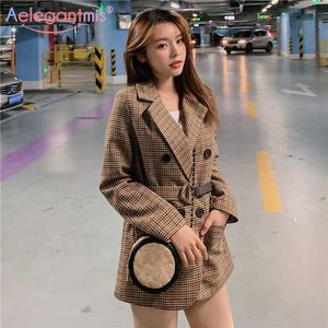 Aelegantmis Vintage Passar Coat Women Long Plaid Blazer Jackor med Belt Lady England Style Business Ytterkläder Vår Höst 210607