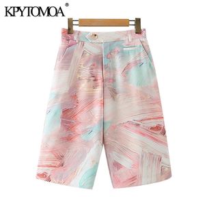 Kpytomoa女性シックなファッション落書きプリントサイドポケットショーツビンテージハイウエストジッパーフライ女性ショートパンツMujer 210719