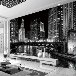 Custom 3D Mural Wallpaper Black And White City Night Landscape Murals Living Room TV Backdrop Wall Modern Simple Papel De Parede