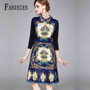 Runway High Quality Spring autumn dress Women's Fashion Work Party wear Casual Vintage Print Elegant Chic Shirt Midi Dresses 210520