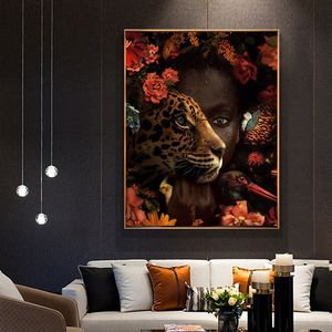 Arte africana mulher negra tigre rosa pintura a óleo de pássaro em canvas cuadros posters e impressões de parede de parede para a decoração da sala de estar