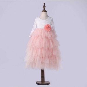 Dzieci Dziewczyny Księżniczka Trzy Karty Rękawy Mesh Tutu Ciasto Dress Max Długość Xmas Party Haft dla dzieci 1-8yrs 210529