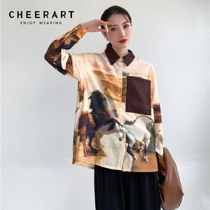 Malarstwo olejne z długim rękawem Bluzka Koń Zwierząt Drukuj Projektant Top Button Up Collar Moda Kobiety 210427