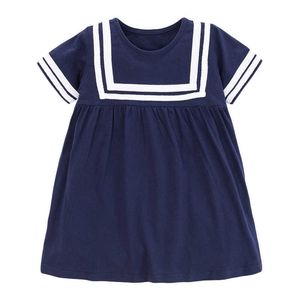 Little Maven New Spring Autumn Children Blue Navy College O-Neck Girls 2-7yrs Krótki Rushed Bawełny Dzianiny Cutecasual Dresses Q0716