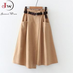 Women Casual Skirts Spring And Autumn Solid High Waist Irregular Pockets Midi Fashion Simple Elegant Saia Faldas 210621