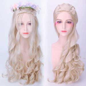 80cm White Queen Cosplay Wig Blonde Wavy Long Braid Synthetic Hair Heat Resistance Fiber Party Hat SH190923